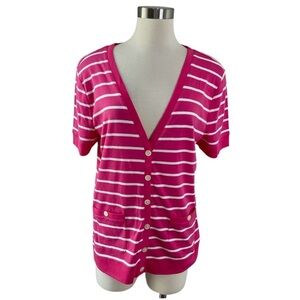 NEW Chaps Women’s XL Pink White Striped Button Up Cardigan Short Sleeve Cotton